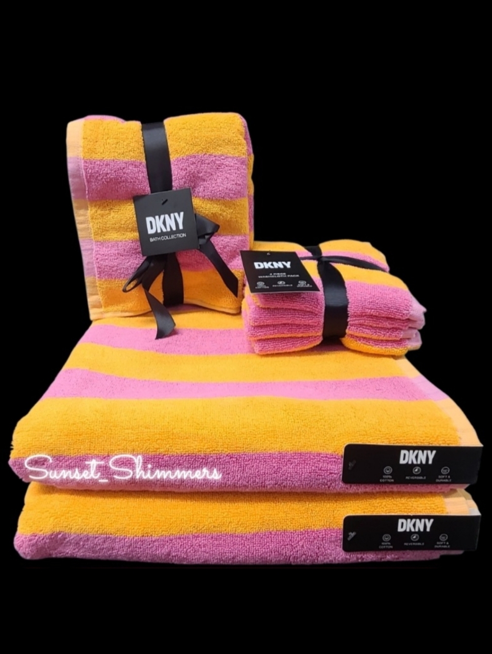 8pc DKNY Summer Pink Orange Cabana Stripe Striped Bath Hand Washcloth Towel Set